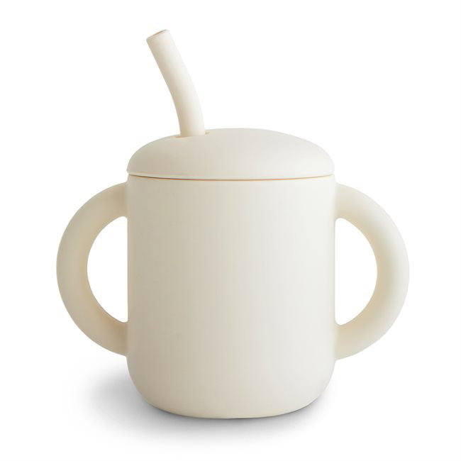 Mushie® Silikonski kozarček s slamico Ivory Mushie