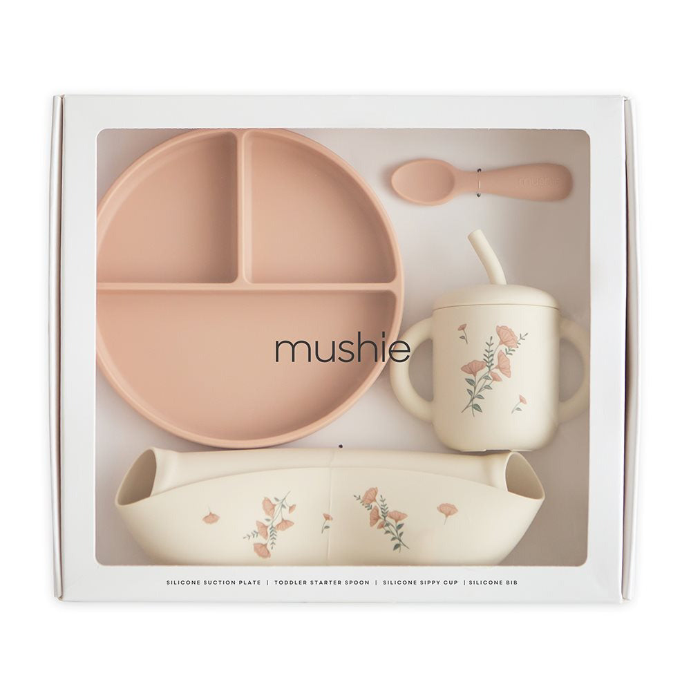 Mushie® Silikonski set za hranjenje Pink Flowers Mushie