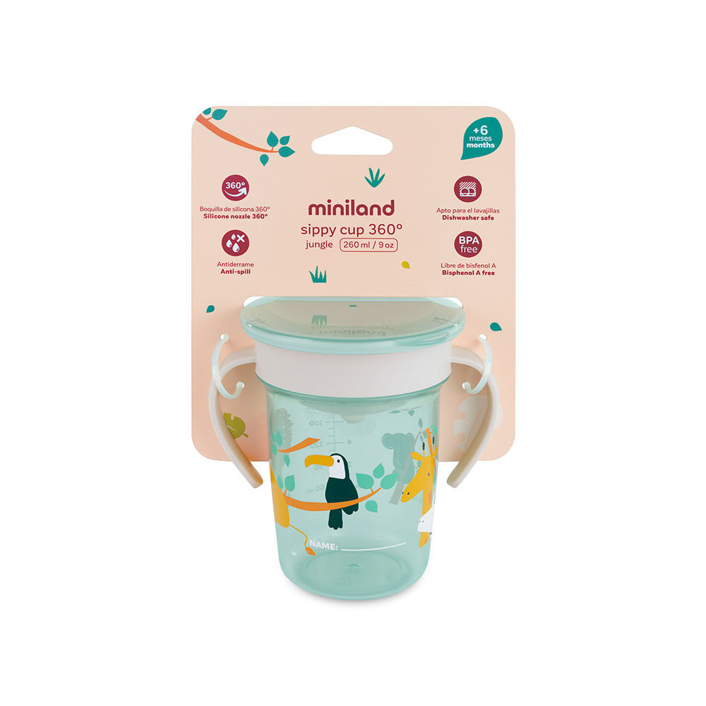Miniland® Lonček za učenje pitja 360° 270ml Jungle Miniland