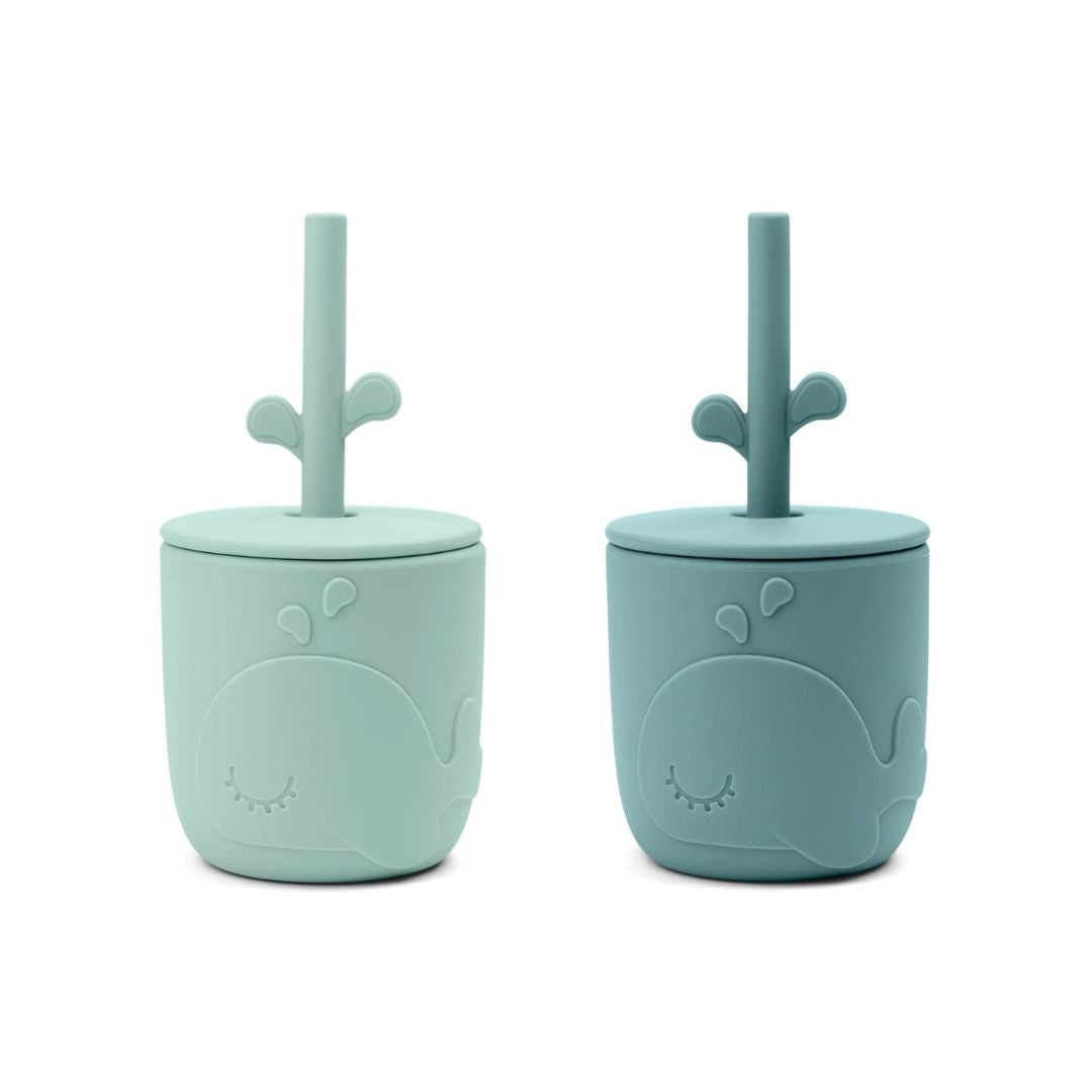 Done by Deer® Silicone cup with straw Peekaboo Wally Blue 2 pieces