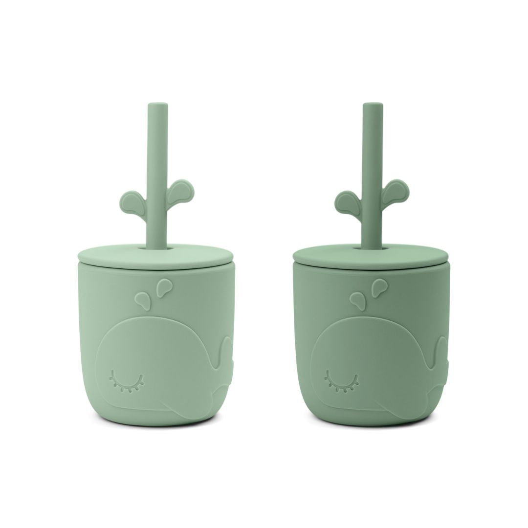 Done by Deer® Silicone Cup with Straw Peekaboo Wally Green 2 pieces