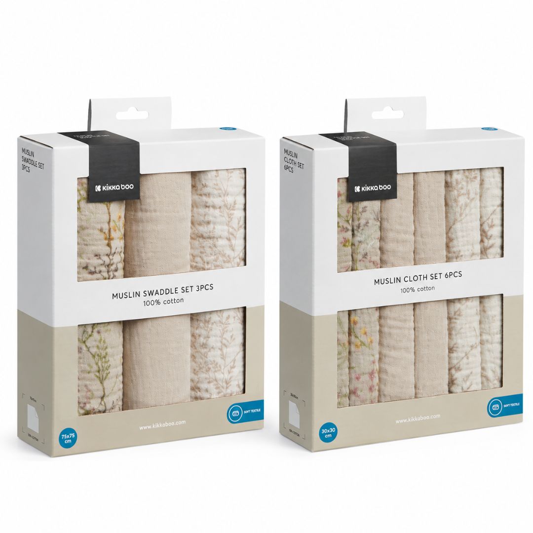KikkaBoo® Muslin washcloths 6 pieces 30x30 cm + muslin tetra diapers 3 pieces 75x75 cm Secret Garden Beige