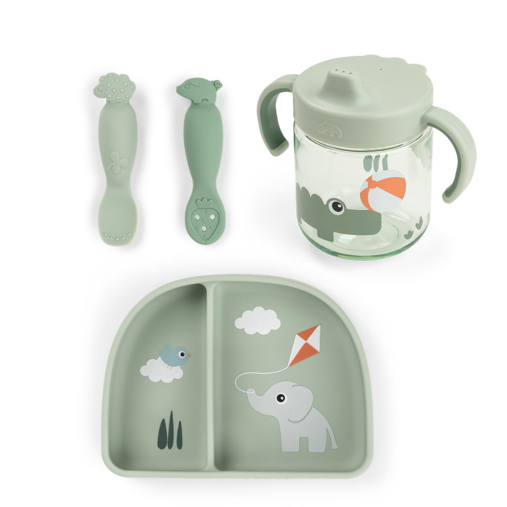 Done by Deer® Jedilni set za učenje z lončkom z ročaji Playground Green