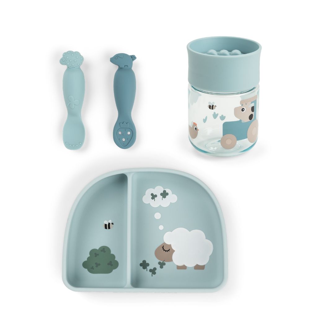 Done by Deer® Jedilni set za učenje pitja 360° Tiny farm Blue
