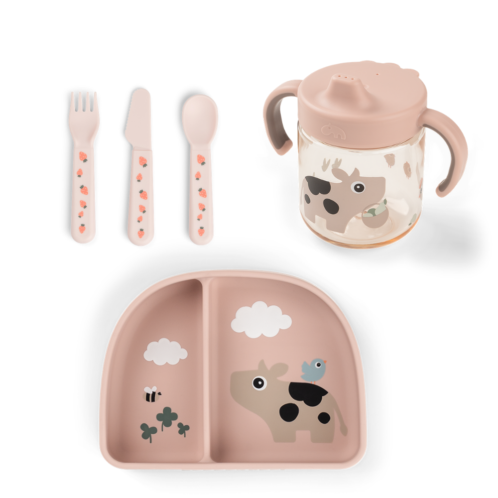 Done by Deer® Jedilni set za učenje z lončkom z ročaji Tiny farm Powder