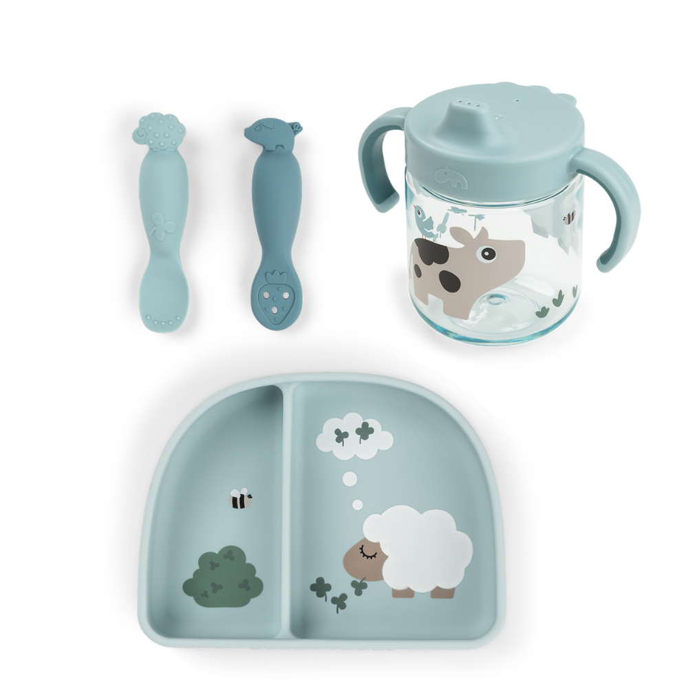 Done by Deer® Jedilni set za učenje z lončkom z ročaji Tiny farm Blue